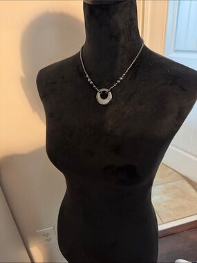 Silver-Tone Black Beaded Circle Pendant Necklace